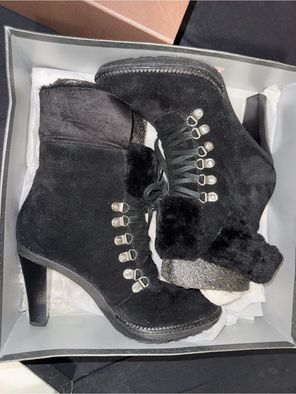 Via Spiga Black Suede Fur-Trim Lace-Up Heeled Ankle Boots